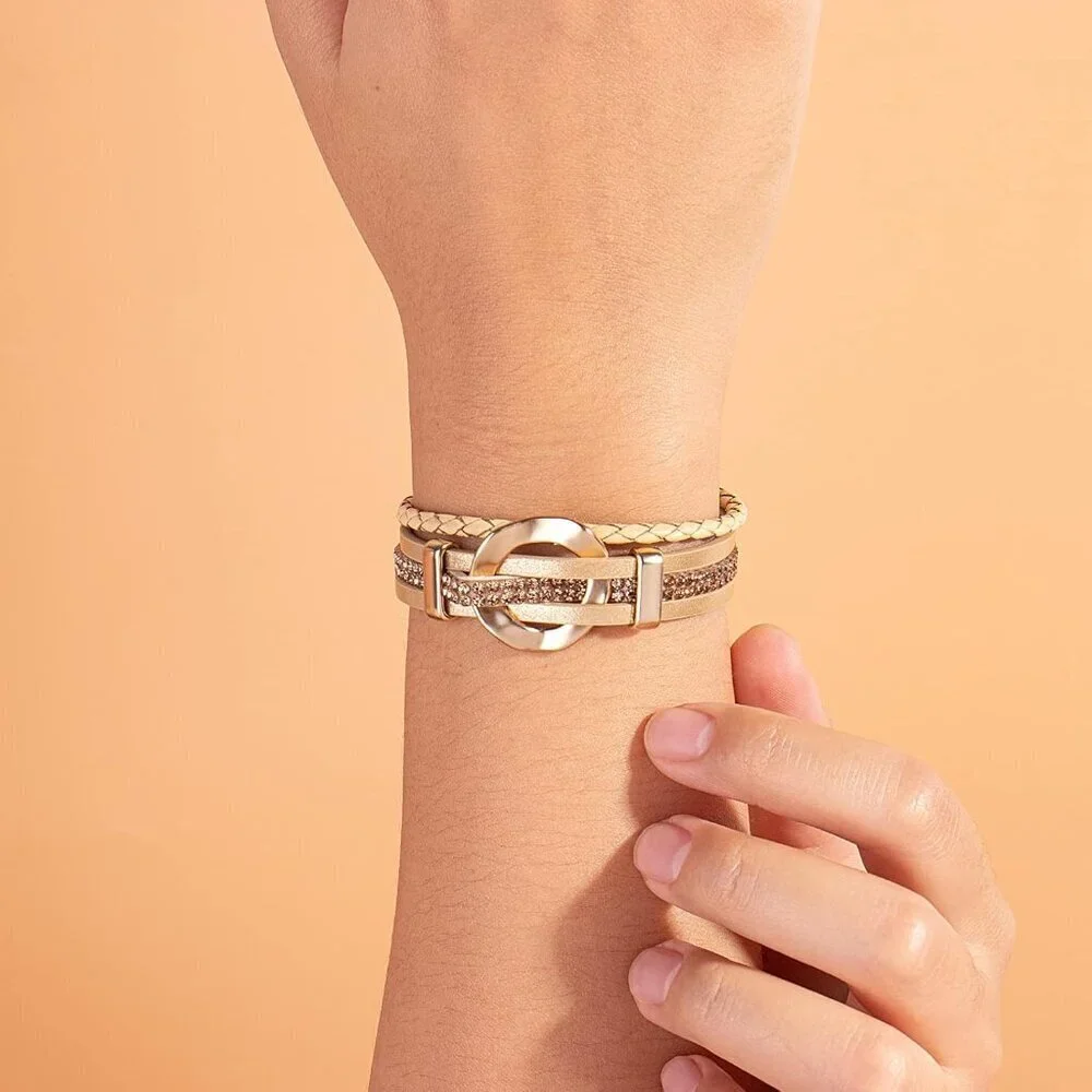 Leather Wrap Bracelet Multi-Layer Cuff Rhinestone Boho Jewelry Gift